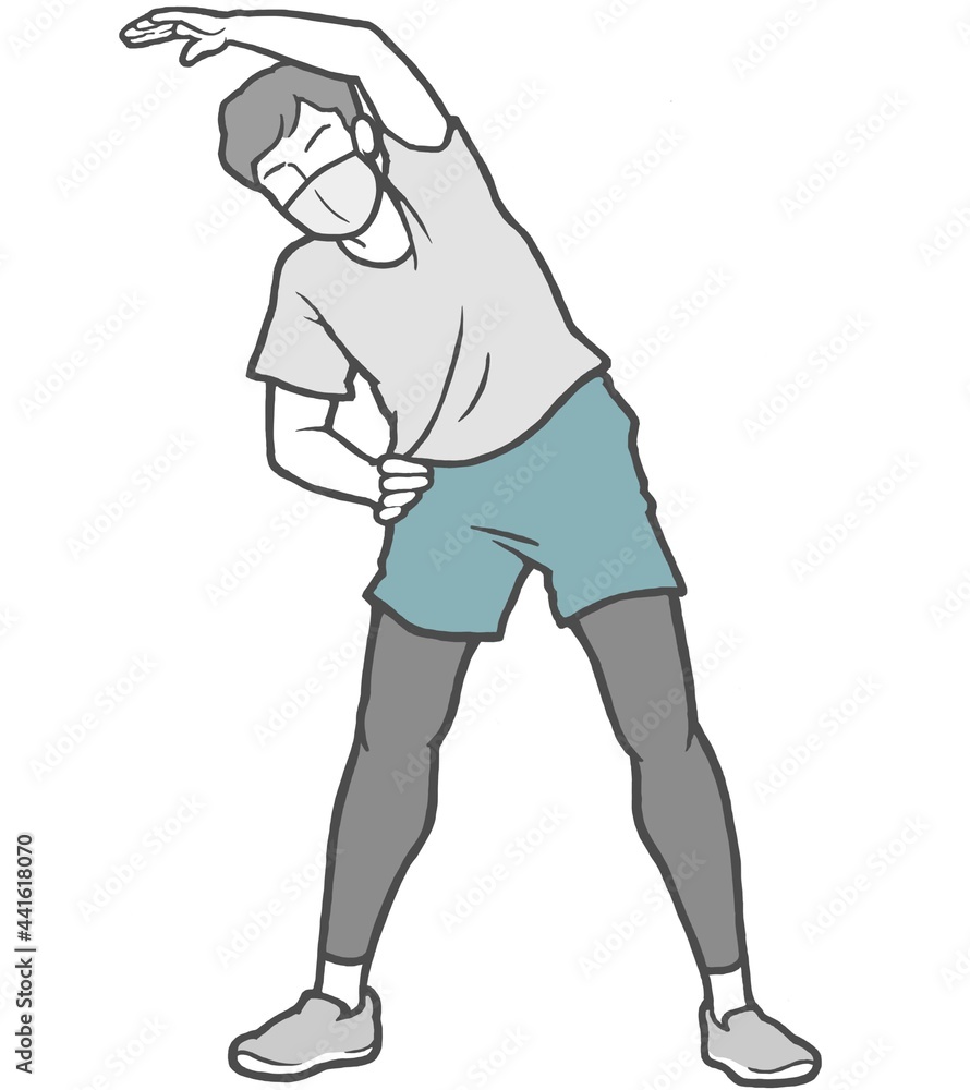 Fototapeta premium マスク ラジオ体操 若い男性 ストレッチ 外