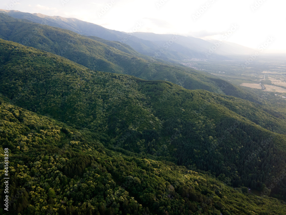 Fototapeta premium Aerial Sunset view of Belasitsa Mountain, Bulgaria
