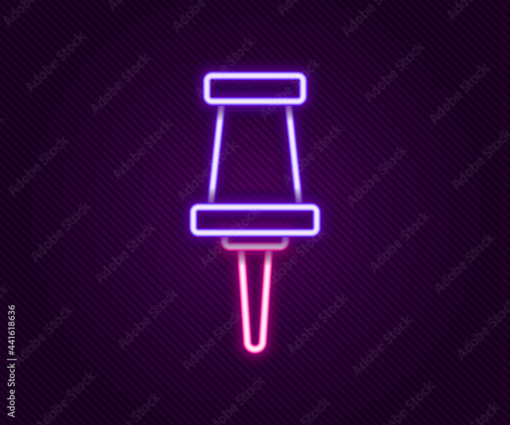 Glowing neon line Push pin icon isolated on black background. Thumbtacks sign. Colorful outline concept. Vector