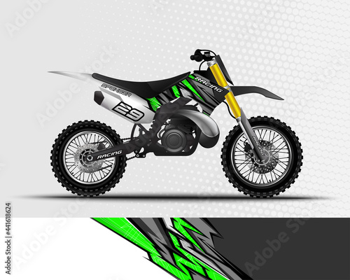 Motocross motorcycle wrap decal and vinyl sticker design with abstract background.