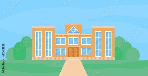 School building flat cartoon vector illustration. Front view.