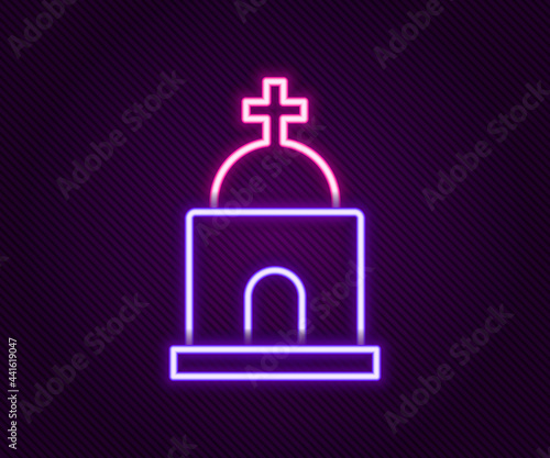 Glowing neon line Old crypt icon isolated on black background. Cemetery symbol. Ossuary or crypt for burial of deceased. Colorful outline concept. Vector