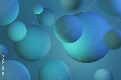 Antigravity blue flying balls with mint light background 3d illustration