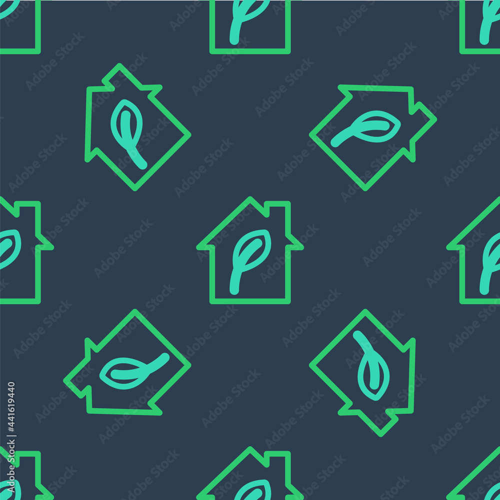Line Eco friendly house icon isolated seamless pattern on blue background. Eco house with leaf. Vector Line Eco friendly house icon isolated seamless pattern on blue background. Eco house with leaf. Vector