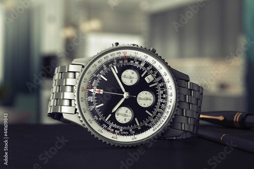 Luxury Classic Analog Men's Wrist Silver Watch on a Table. 3d Rendering
