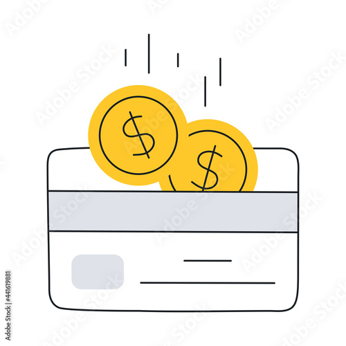 Credit card bonus, reward or cashback, loyalty program. Perks or bank benefit concept. Thin line elegant yellow vector ilustration on white. 