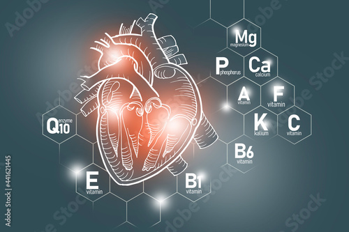 Essential nutrients for heart health including Q10, Calcium, Magnesium, Vitamin F.
Design set of main human organs with molecular grid, micronutrients and vitamins on dark grey background. photo