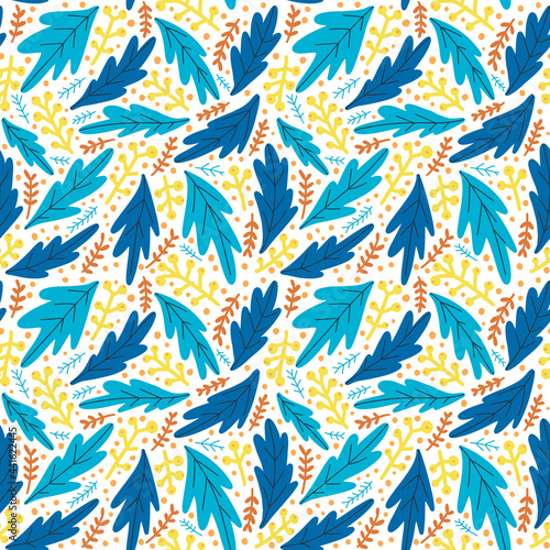Fototapeta Naklejka Na Ścianę i Meble -  Seamless pattern in blue and yellow colors with abstract leaves on white background. berry, dots, doodle style