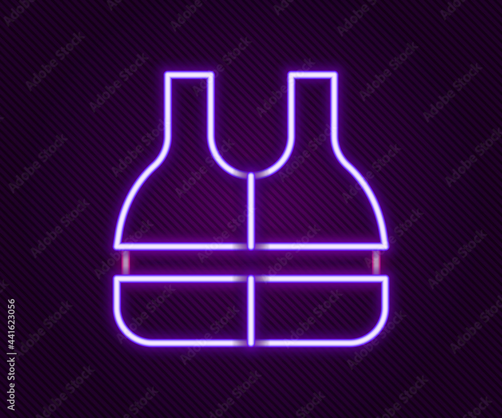 Glowing neon line Life jacket icon isolated on black background. Life vest icon. Extreme sport. Sport equipment. Colorful outline concept. Vector Glowing neon line Life jacket icon isolated on black background. Life vest icon. Extreme sport. Sport equipment. Colorful outline concept. Vector
