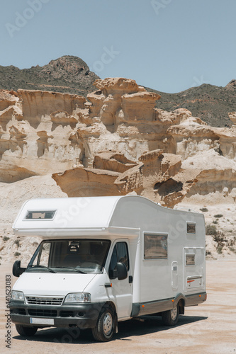 Motor-home parked in the area of the Bolnuevo erosion, Mazarron, Murcia, Spain. © JoseLuis