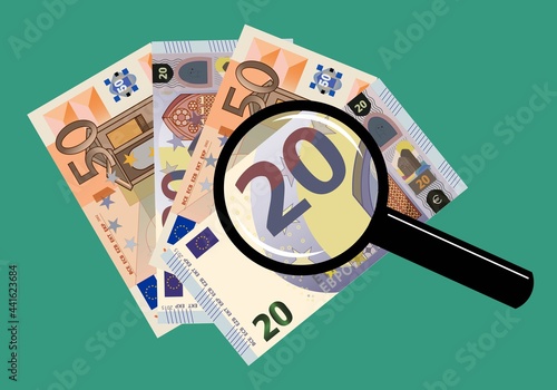 El valor del dinero en el punto de mira. Billetes de 20 y 50 euros bajo la lupa y sobre fondo verde. Dividendos