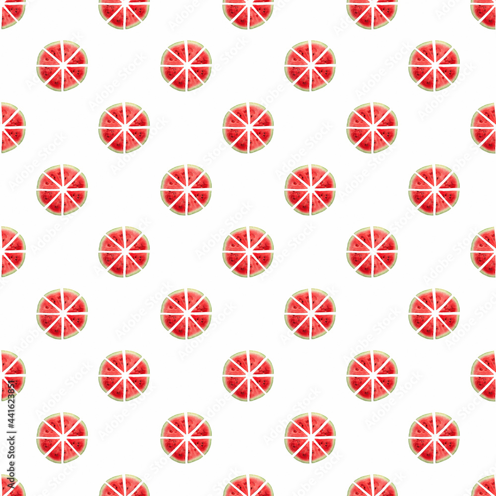 seamless pattern with watermelon cut in half on a white background