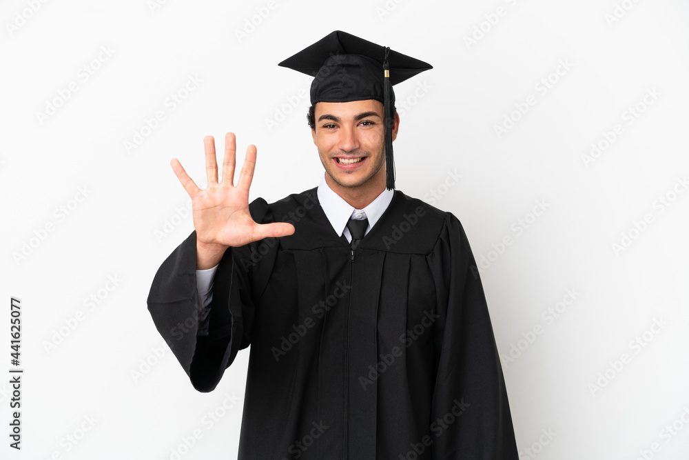 Young university graduate over isolated white background counting five with fingers Young university graduate over isolated white background counting five with fingers