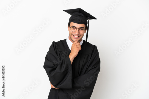 Young university graduate over isolated white background with glasses and smiling