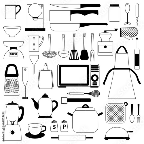 A collection of kitchen utensils, tools and accessories. A set of modern icons of kitchen utensils.
