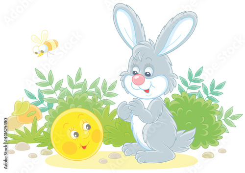 Freshly backed happy round loaf friendly smiling and talking to a small grey hare on a forest glade from a fairytale  vector cartoon illustration isolated on a white background