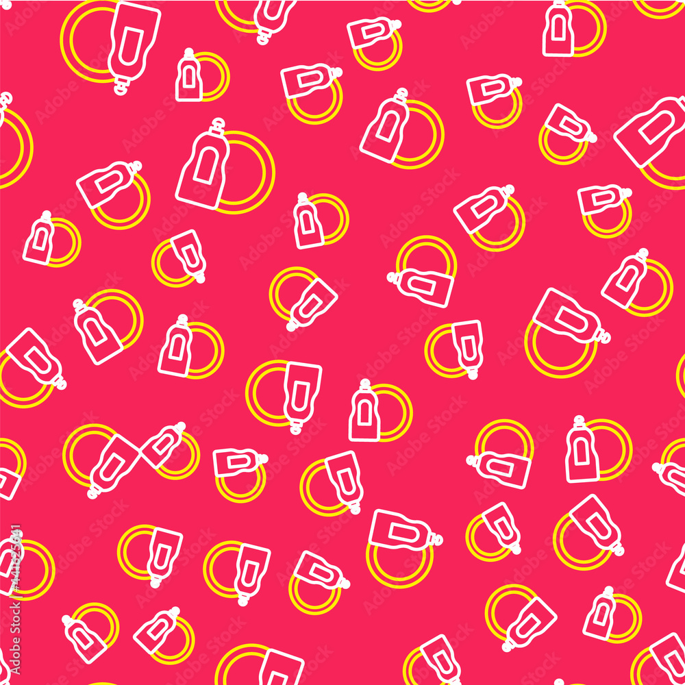 Line Dishwashing liquid bottle and plate icon isolated seamless pattern on red background. Liquid detergent for washing dishes. Vector Line Dishwashing liquid bottle and plate icon isolated seamless pattern on red background. Liquid detergent for washing dishes. Vector
