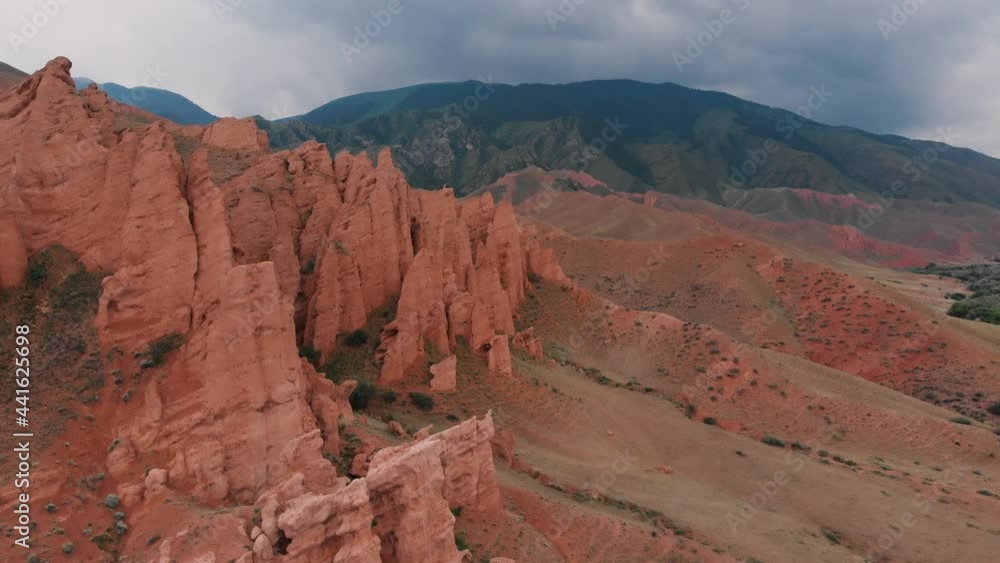 Aerial drone shot of the Red desert Mountains in Kazakhstan Aerial drone shot of the Red desert Mountains in Kazakhstan