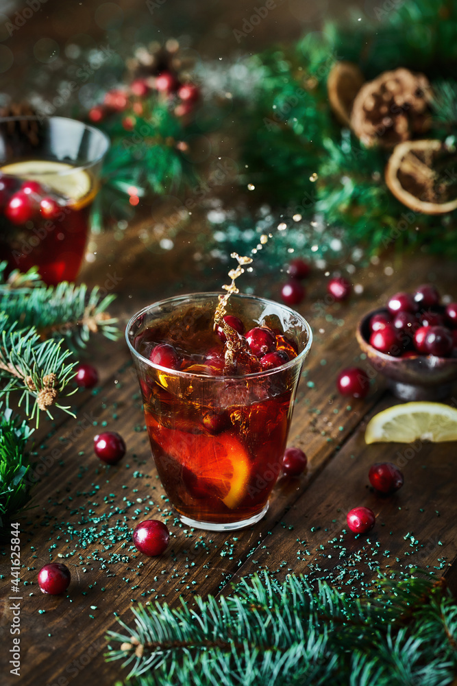 Top view of glasses with cranberries with lemon Top view of glasses with cranberries with lemon
