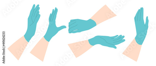 Hand in protection medical glove. Nitrile, latex or rubber surgical gloved hands. Doctor, nurse, surgeon, scientist, cleaner. Vector flat cartoon illustration