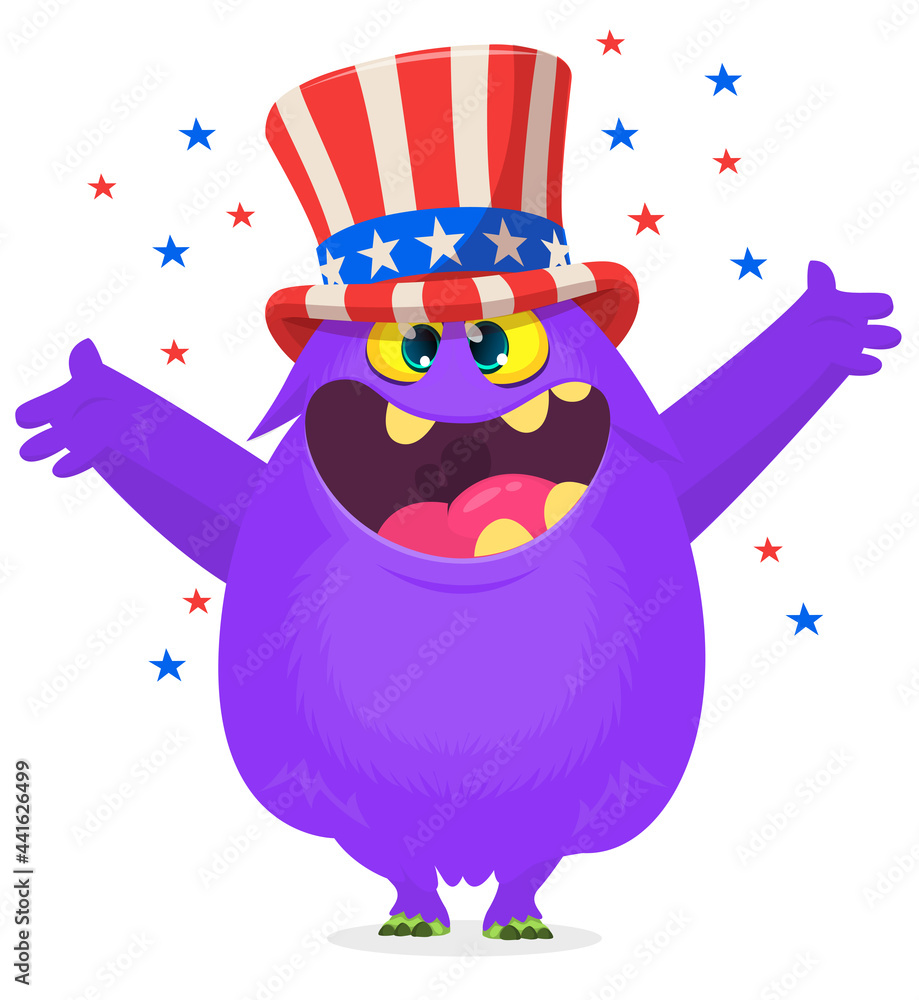 Cartoon funny monster wearing American uncle Sam hat on USA Independence Day . Vector illustration of alien creature character. Design for print, poster Cartoon funny monster wearing American uncle Sam hat on USA Independence Day . Vector illustration of alien creature character. Design for print, poster