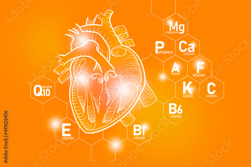 Essential nutrients for heart health including Q10, Calcium, Magnesium, Vitamin F.
Design set of main human organs with molecular grid, micronutrients and vitamins on positive orange background.