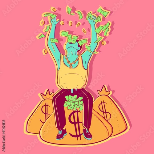 Conceptual art of a businessman on top of a money bag throwing bills in the air. Illustration of a banker about economics, success and being a millionaire. Vector of a rich entrepreneur.