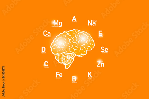 Stylized clockface with essential vitamins and microelements for human health, hand drawn human Brain, orange background. Detox of main organs and healthcare concept design mockup.