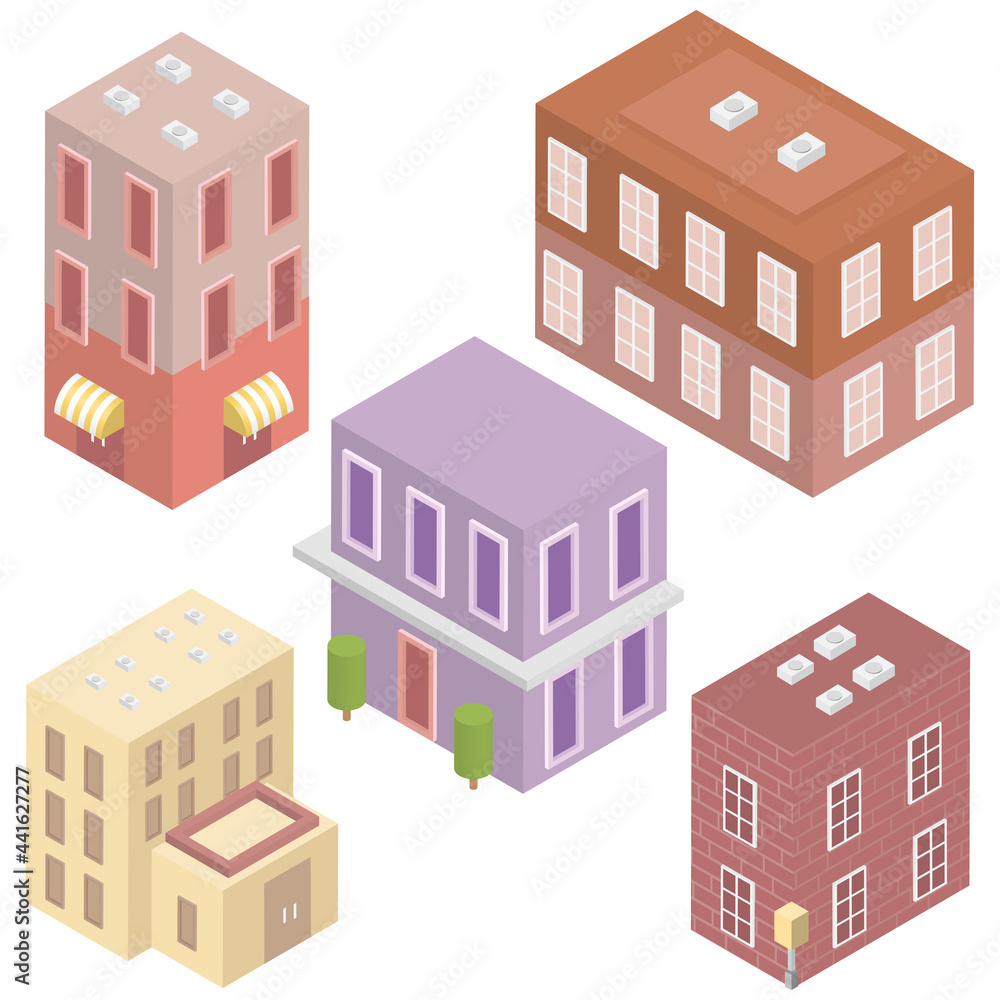 Buildings in isometric 3d style . Building icon set. Vector illustration.