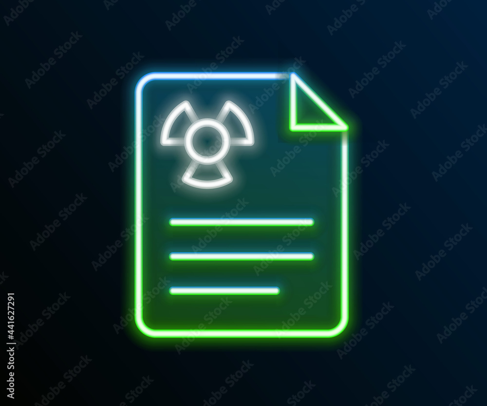 Glowing neon line Radiation warning document icon isolated on black background. Text file. Colorful outline concept. Vector Glowing neon line Radiation warning document icon isolated on black background. Text file. Colorful outline concept. Vector