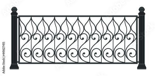 Iron railings. Forging design. Blacksmithing. Metal work. Balcony. Handrails. Art Nouveau. Modern architecture. Wrought iron fence. Isolated. White background. Template for design. Vector. photo
