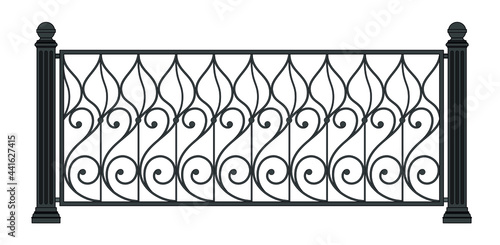 Iron railings. Forging design. Blacksmithing. Metal work. Balcony. Handrails. Art Nouveau. Modern architecture. Wrought iron fence. Isolated. White background. Template for design. Vector.