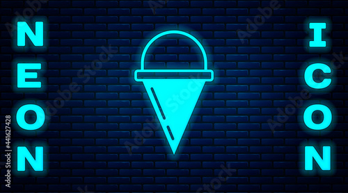 Glowing neon Fire cone bucket icon isolated on brick wall background. Metal cone bucket empty or with water for fire fighting. Vector