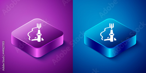 Isometric Fishing harpoon icon isolated on blue and purple background. Fishery manufacturers for catching fish under water. Diving underwater equipment. Square button. Vector