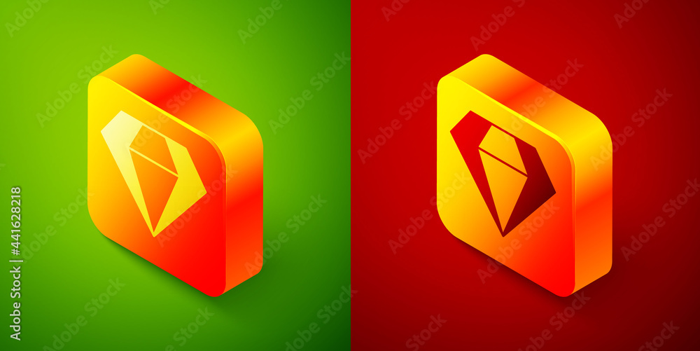 Isometric Diamond icon isolated on green and red background. Jewelry symbol. Gem stone. Square button. Vector Isometric Diamond icon isolated on green and red background. Jewelry symbol. Gem stone. Square button. Vector