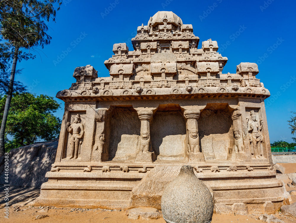 Exterior of the Dharmaraja Ratha, one of the Pancha Rathas (Five Rathas) of Mamallapuram, an Unesco World Heritage Site in Tamil Nadu, South India