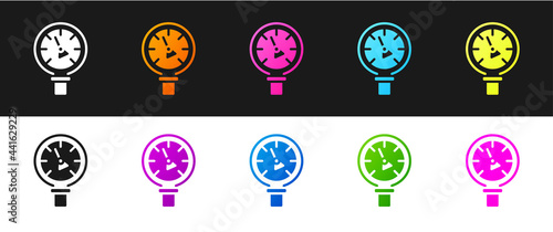 Set Pressure water meter icon isolated on black and white background. Vector