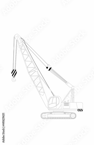 Vector sketch of crawler self-propelled crane on crawler chassis. Vector illustration.