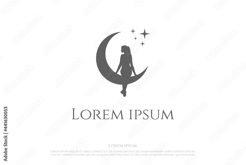 Pretty Beauty Angel Woman Girl Lady Female Crescent Moon Silhouette Logo Design Vector Pretty Beauty Angel Woman Girl Lady Female Crescent Moon Silhouette Logo Design Vector