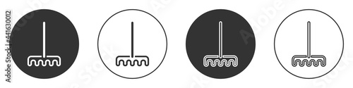 Black Garden rake icon isolated on white background. Tool for horticulture, agriculture, farming. Ground cultivator. Housekeeping equipment. Circle button. Vector