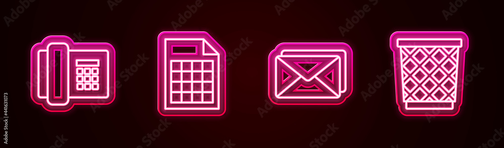 Set line Telephone, File document, Envelope and Trash can. Glowing neon icon. Vector Set line Telephone, File document, Envelope and Trash can. Glowing neon icon. Vector