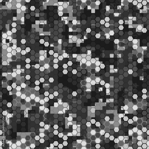 Seamless texture gray hex grid with pixels. Vector Illustration.