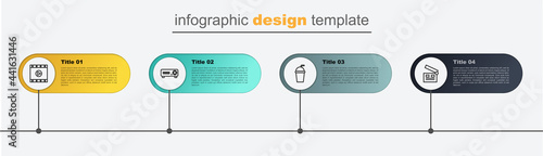 Set line Movie clapper, Paper glass with straw, Movie, film, media projector and Play Video. Business infographic template. Vector