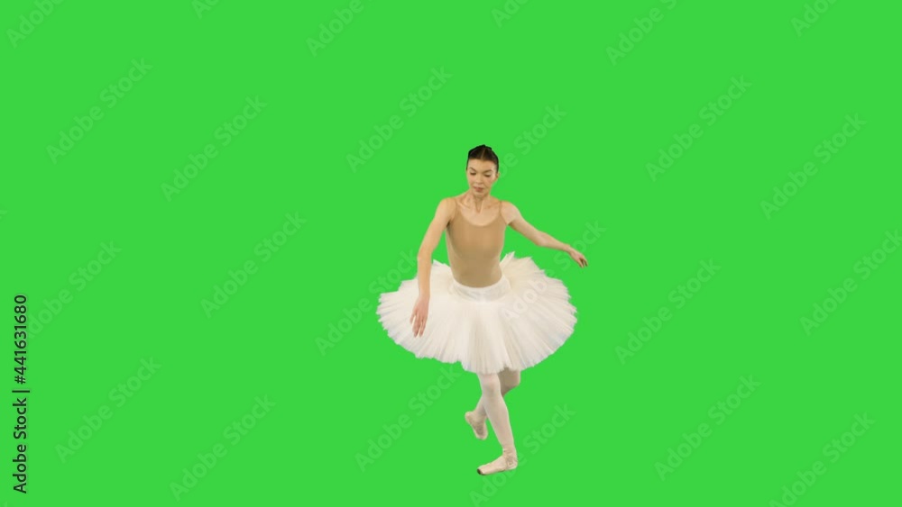 Young ballerina makes some ballet movements and runs away on a Green Screen, Chroma Key. Young ballerina makes some ballet movements and runs away on a Green Screen, Chroma Key.