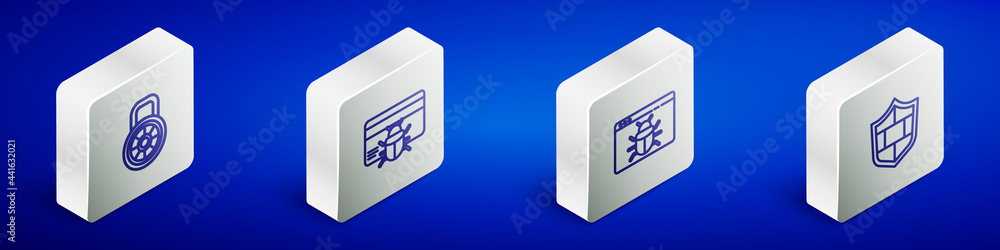 Set Isometric line Safe combination lock, System bug credit card, and Shield with brick wall icon. Vector Set Isometric line Safe combination lock, System bug credit card, and Shield with brick wall icon. Vector