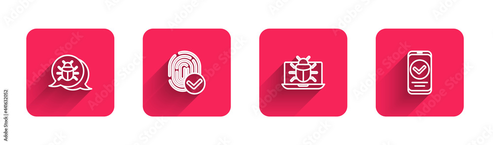Set line System bug, Fingerprint, on monitor and Smartphone with long shadow. Red square button. Vector Set line System bug, Fingerprint, on monitor and Smartphone with long shadow. Red square button. Vector