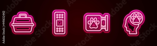 Set line Pet carry case, Bandage plaster, Veterinary clinic and Human with animals footprint. Glowing neon icon. Vector