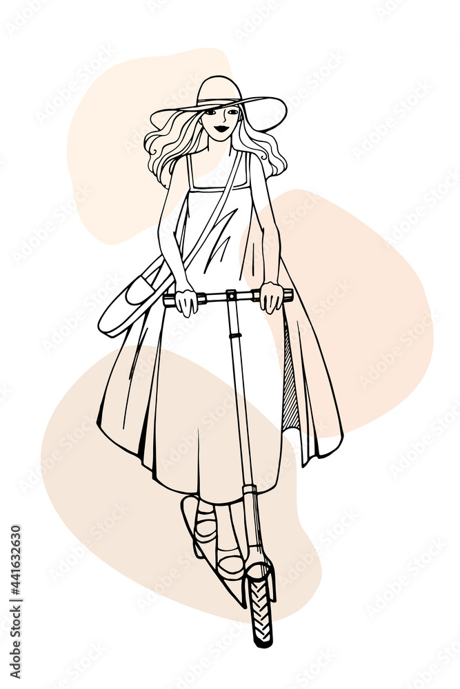 Fototapeta premium The girl happily rides a scooter. Popular transport. Girl in a stylish summer hat and in a boho style dress. Hand drawn sketch. Line art. Isolated on beige blobs background