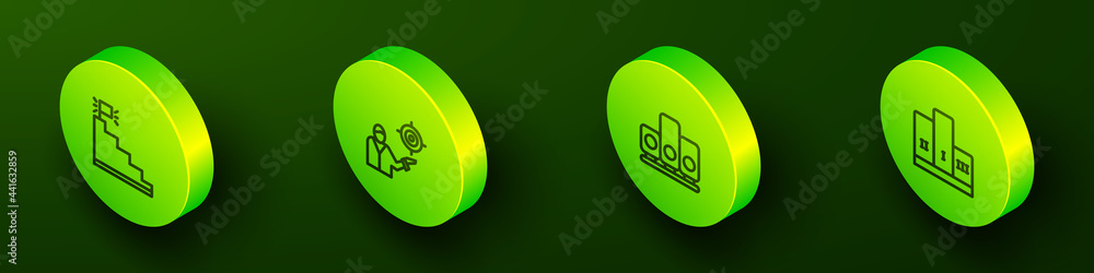 Set Isometric line Stair with finish flag, Marketing target strategy, Ranking star and Award over winner podium icon. Vector Set Isometric line Stair with finish flag, Marketing target strategy, Ranking star and Award over winner podium icon. Vector