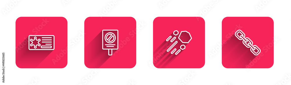 Set line Police badge, Protest, Flying stone and Chain link with long shadow. Red square button. Vector Set line Police badge, Protest, Flying stone and Chain link with long shadow. Red square button. Vector